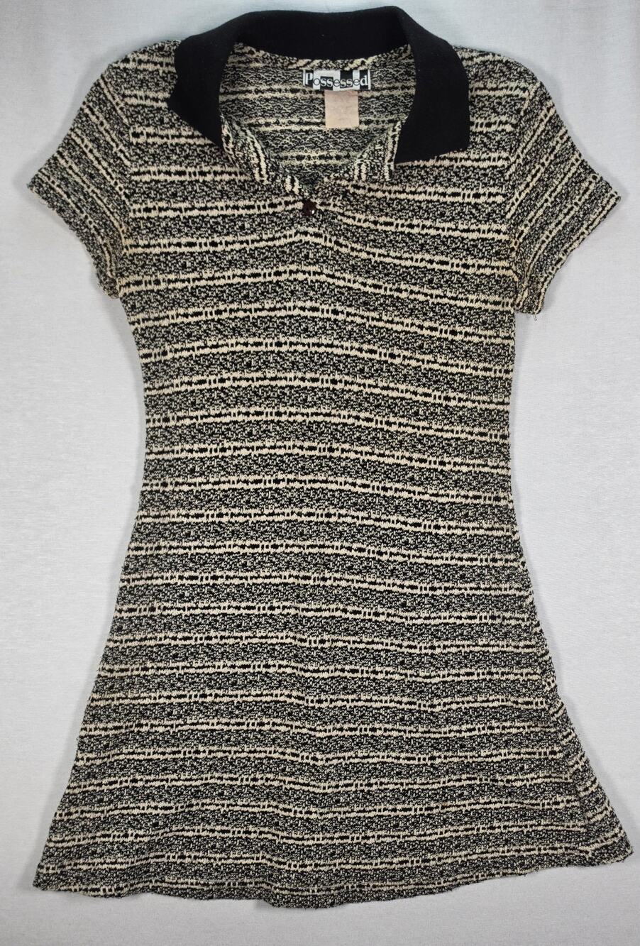 Possessed Knit Polo Dress Women’s Large Black Cream Marled Stretch 90s Preppy
